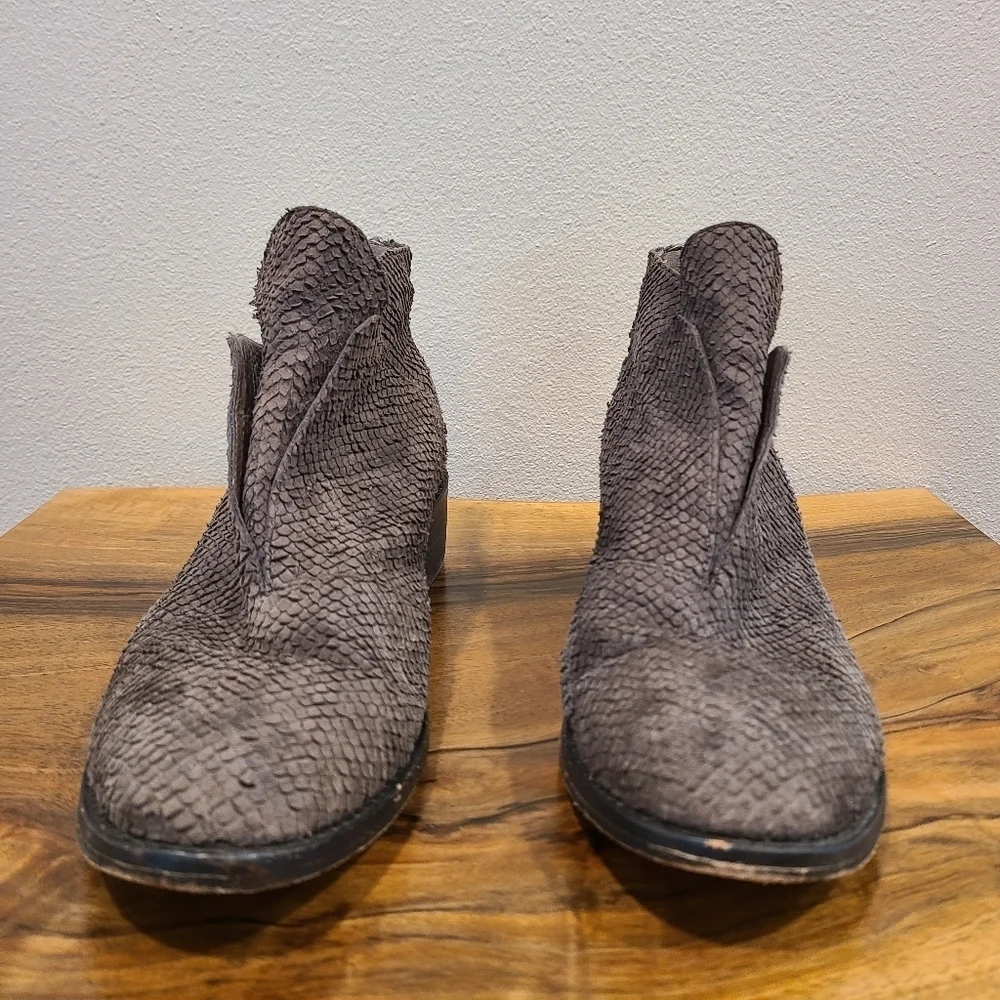 Eileen Fisher Tuck Graphite Snakeskin Embossed Booties